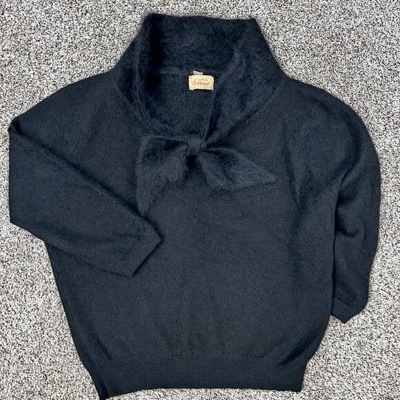 Vintage 50s French Angora Hepburn Bow Collar Black Sweater M L Feminine USA - Picture 2 of 10